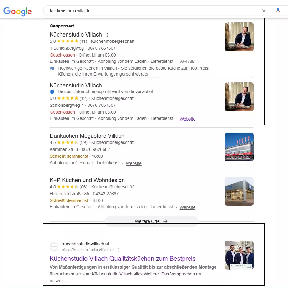 Screenshot der Google Suche auf dem die Nummer Eins Platzierung des Küchenstudio Villach sichtbar ist.